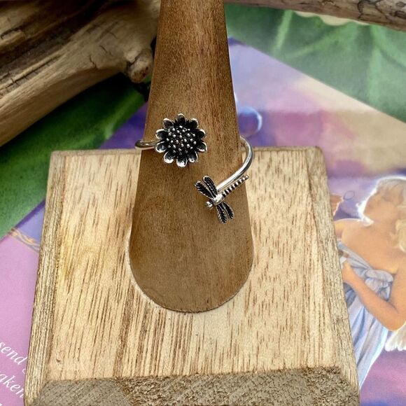 Dragonfly & Sunflower Adjustable Sterling Ring 5,9 - Picture 5 of 5